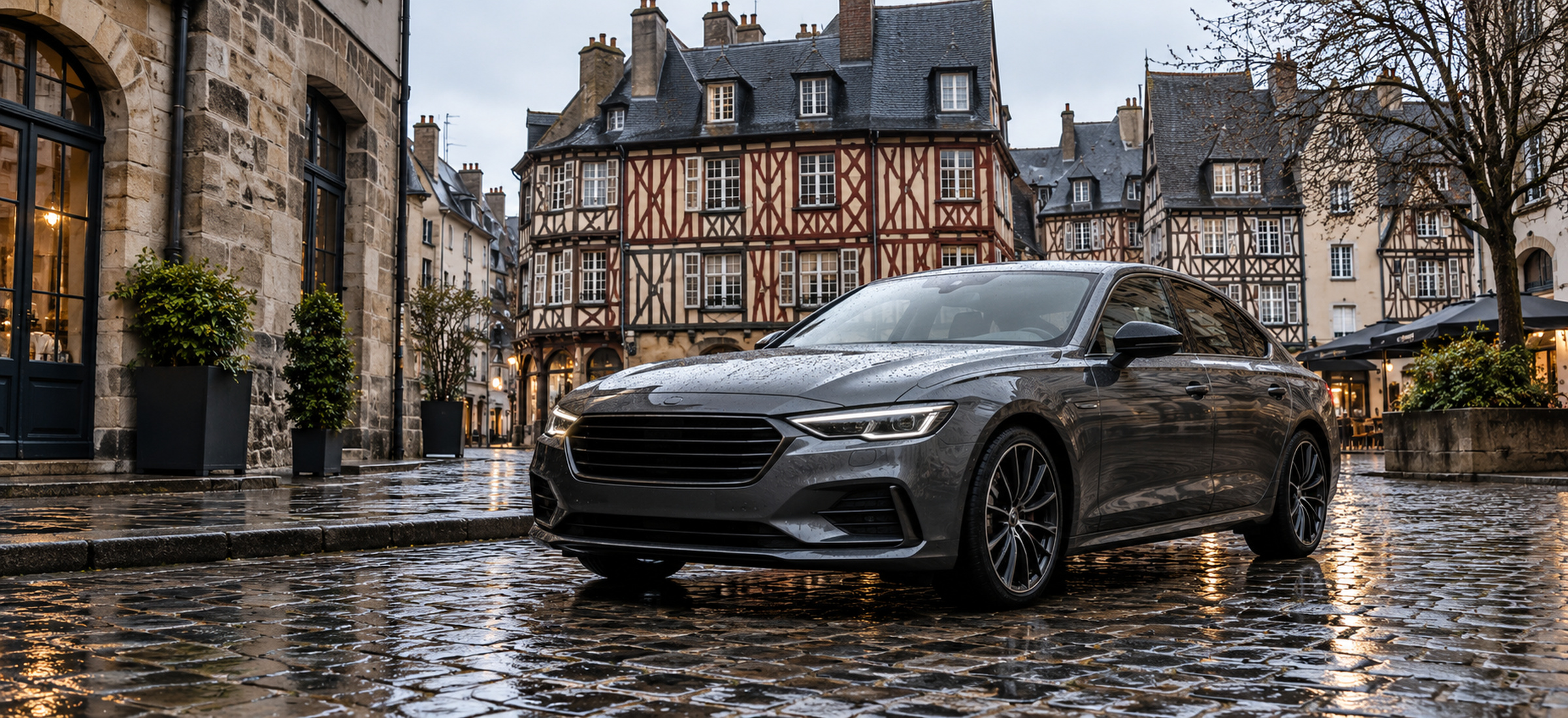 voiture propre sur une rue pavée rennaise après la pluie